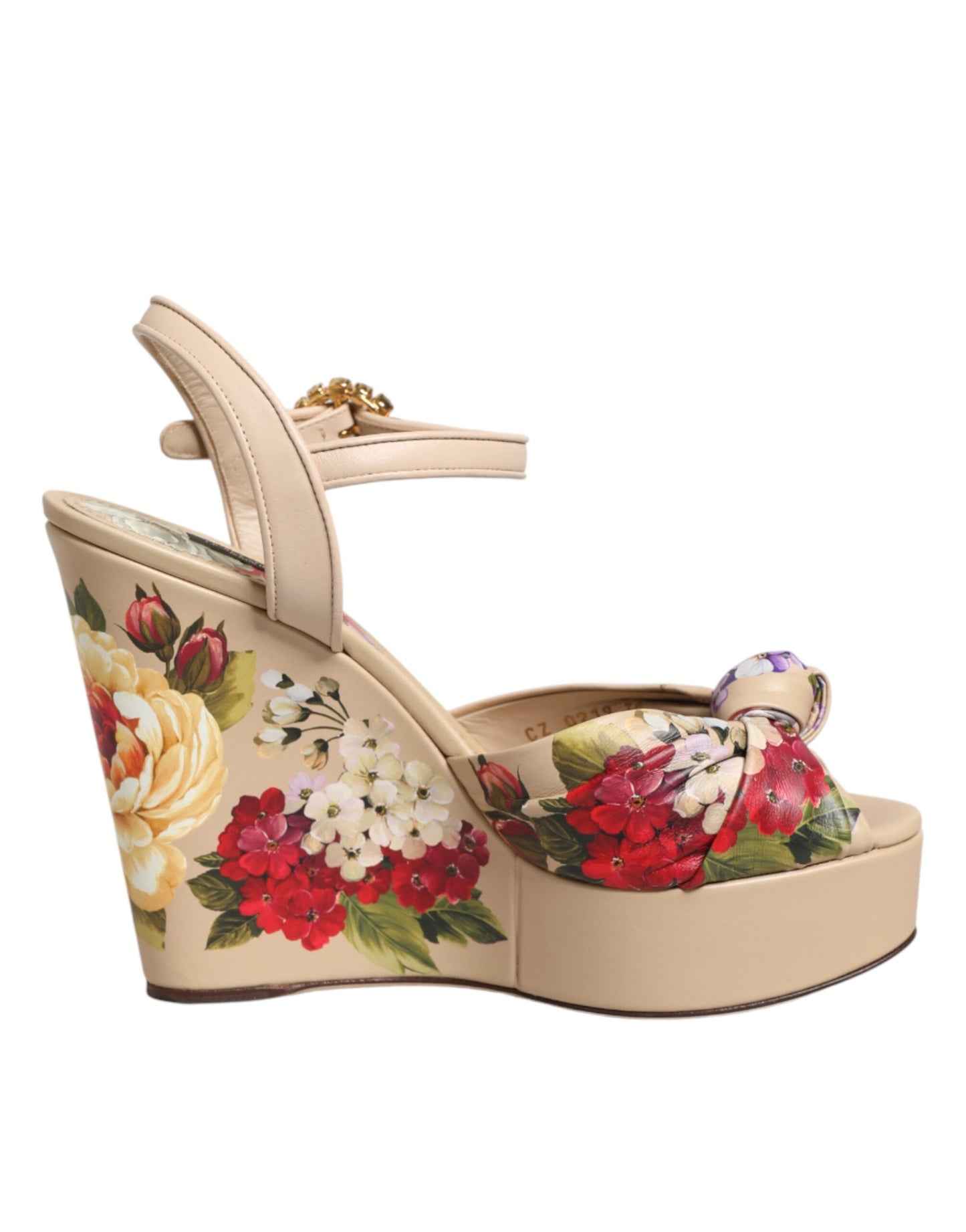 Dolce & Gabbana Beige Floral Ankle Strap Wedge Sandals