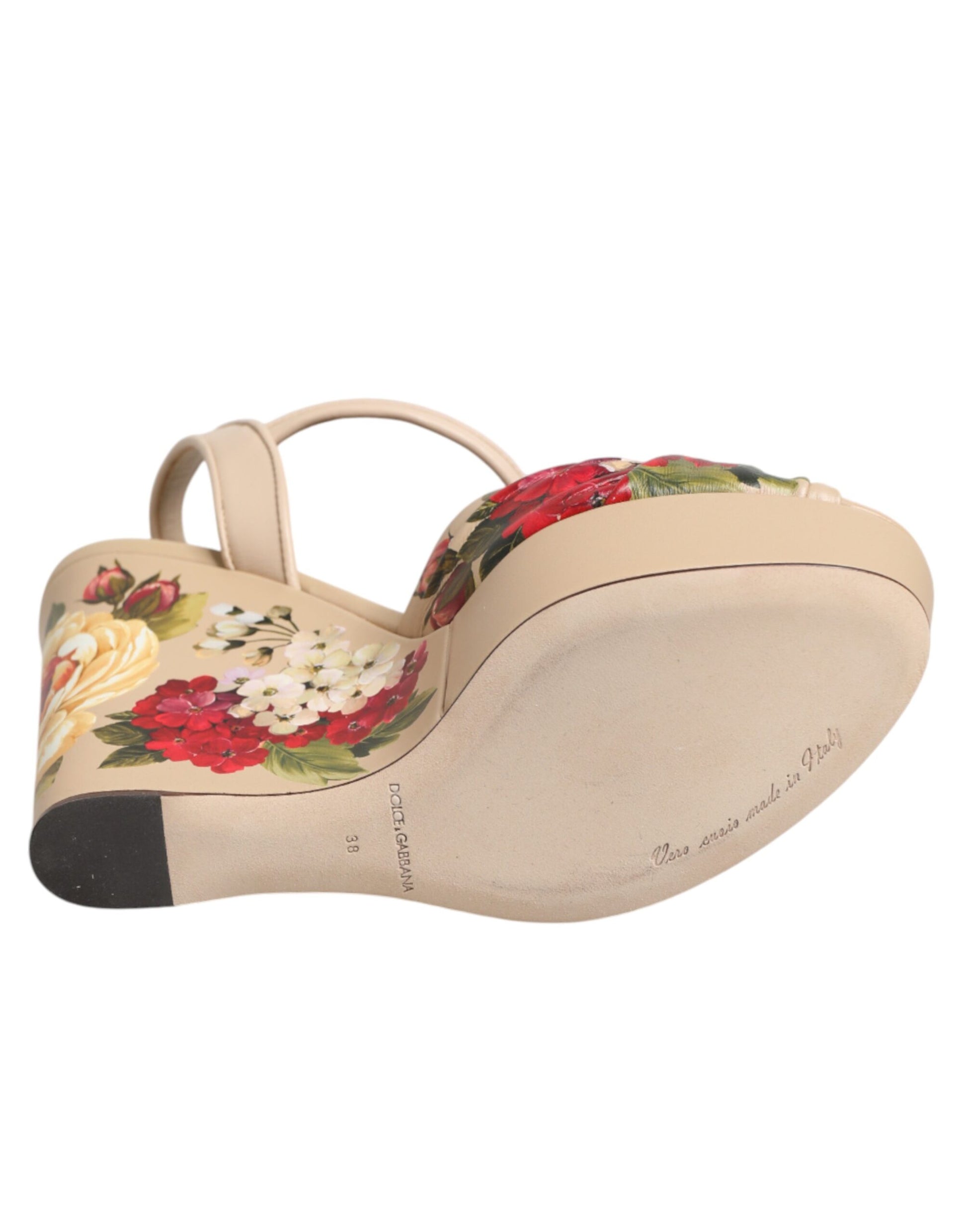 Dolce & Gabbana Beige Floral Ankle Strap Wedge Sandals