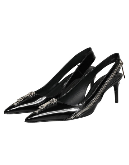 Dolce & Gabbana Black Zipper Leather Heels Slingbacks Shoes