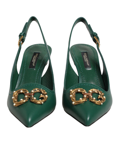 Dolce & Gabbana Green Leather AMORE Heels Slingbacks