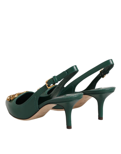 Dolce & Gabbana Green Leather AMORE Heels Slingbacks