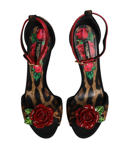 Dolce & Gabbana Brown Leopard Crystal Roses Sandals