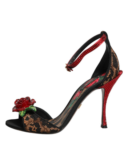 Dolce & Gabbana Brown Leopard Crystal Roses Sandals