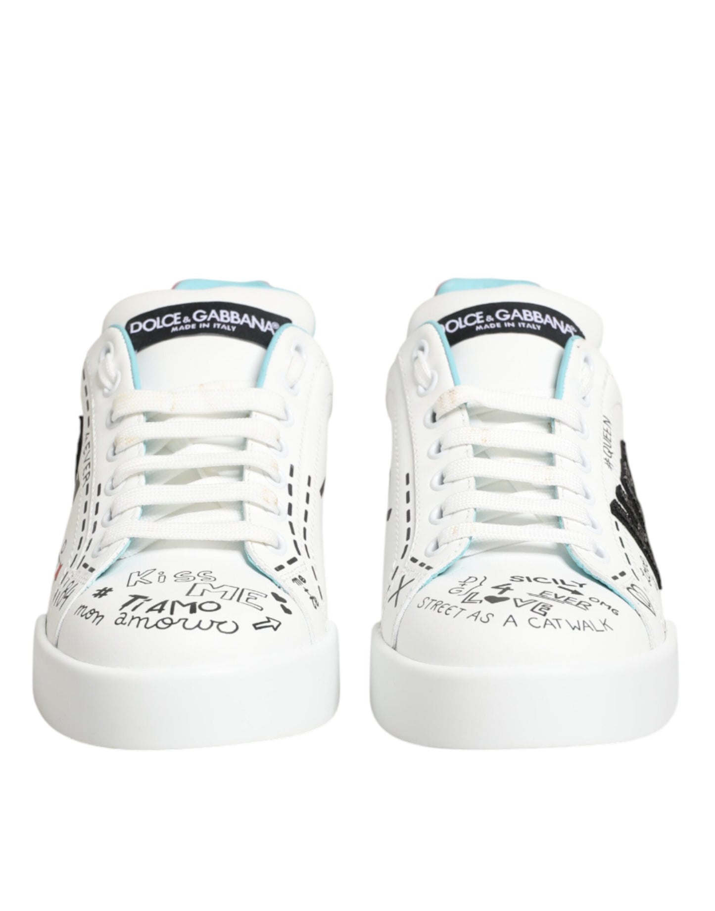 Dolce & Gabbana White Leather Graffiti Low Top Sneakers