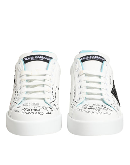 Dolce & Gabbana White Leather Graffiti Low Top Sneakers