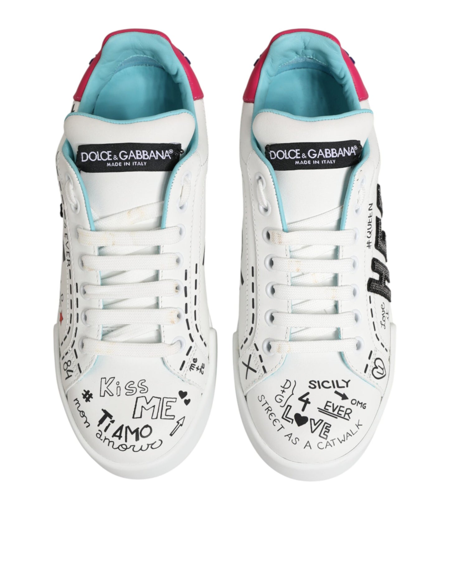 Dolce & Gabbana White Leather Graffiti Low Top Sneakers