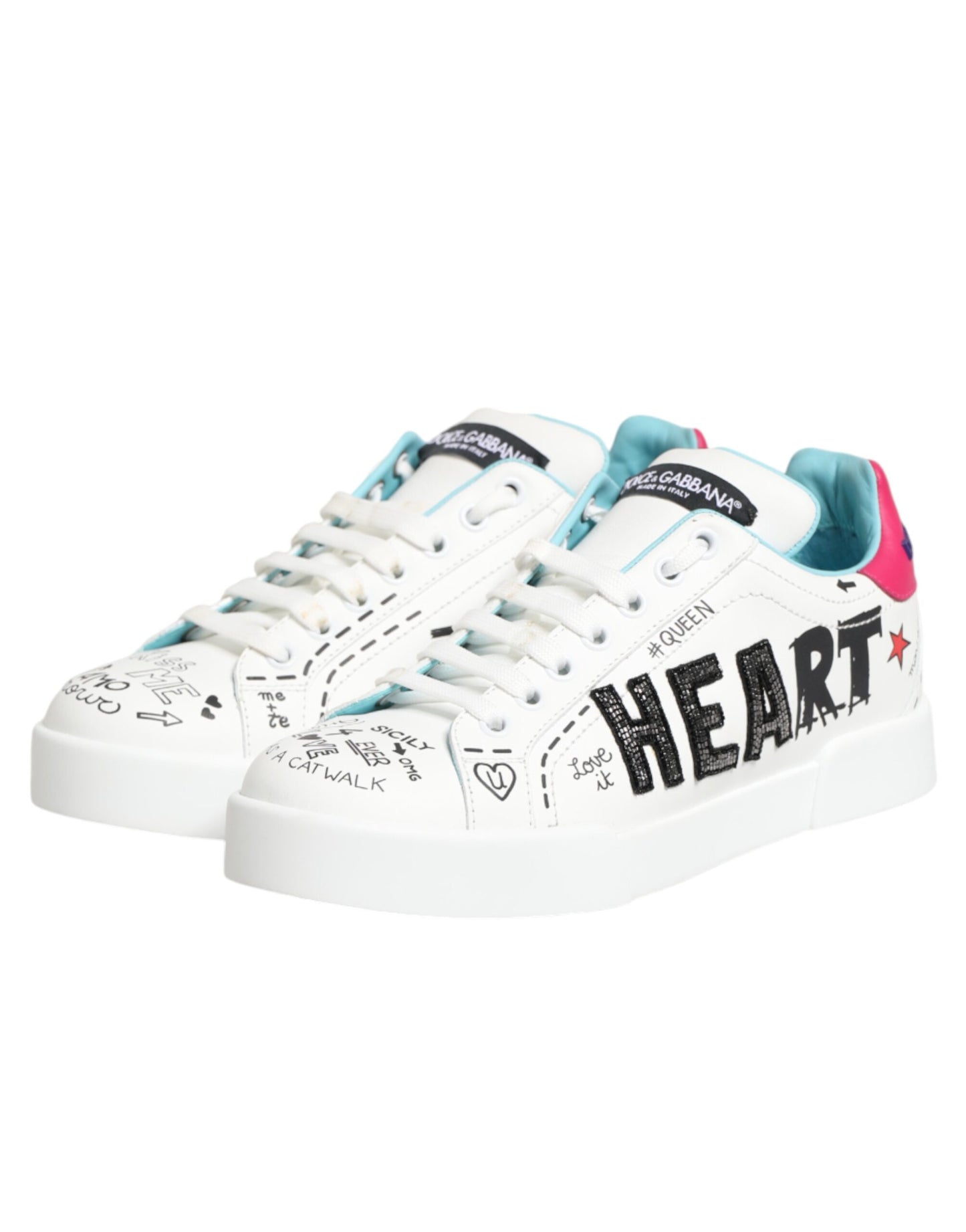 Dolce & Gabbana White Leather Graffiti Low Top Sneakers