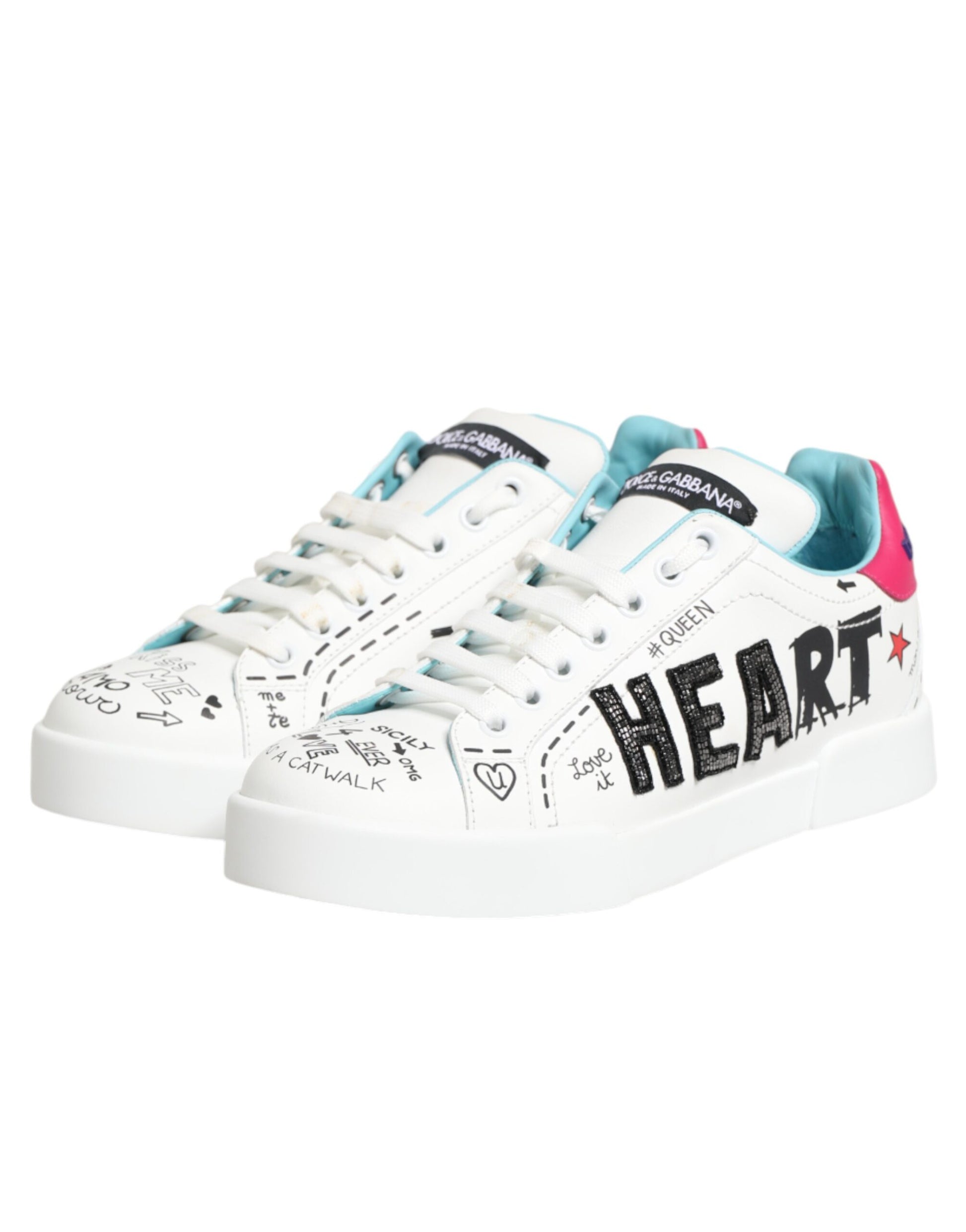 Dolce & Gabbana White Leather Graffiti Low Top Sneakers