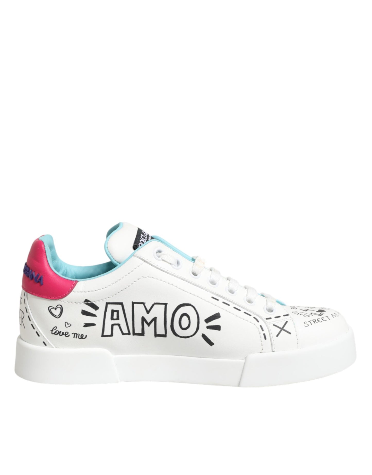 Dolce & Gabbana White Leather Graffiti Low Top Sneakers