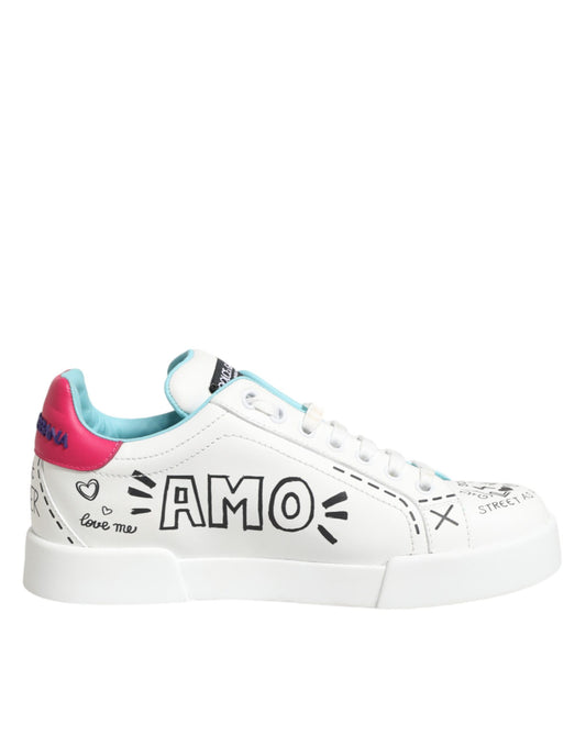 Dolce & Gabbana White Leather Graffiti Low Top Sneakers