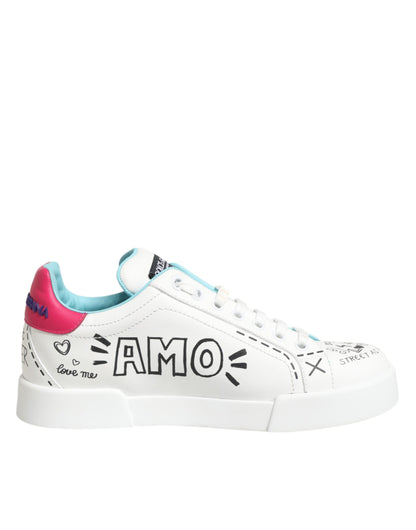 Dolce & Gabbana White Leather Graffiti Low Top Sneakers