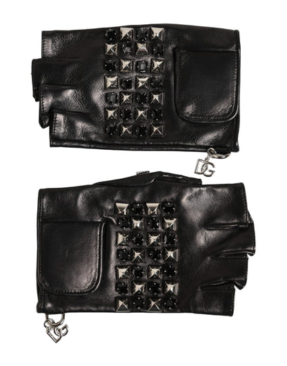 Dolce & Gabbana Black Leather Studded Fingerless Hand Mitten Men Gloves