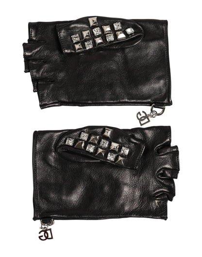 Dolce & Gabbana Black Leather Studded Fingerless Hand Mitten Men Gloves