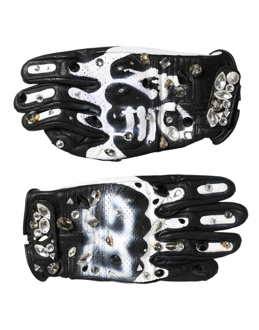 Dolce & Gabbana Black White Crystal Wrist Length Mitten Gloves