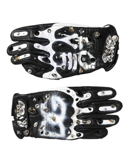 Dolce & Gabbana Black White Crystal Wrist Length Mitten Gloves