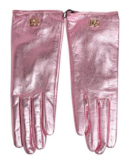 Dolce & Gabbana Pink Leather DG Logo Wrist Length Mitten Gloves
