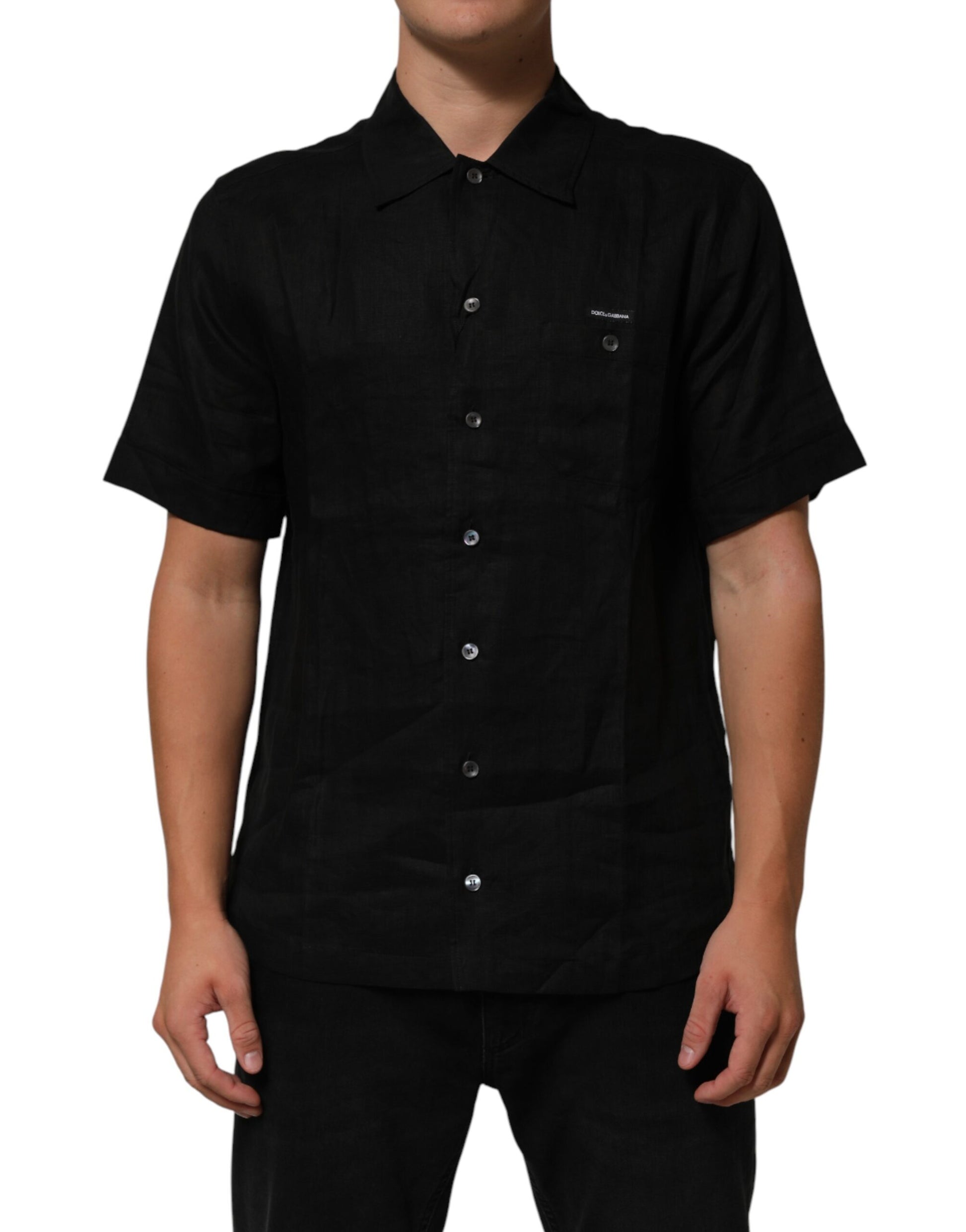 Dolce & Gabbana Black Linen Collared Short Sleeve Polo Shirt