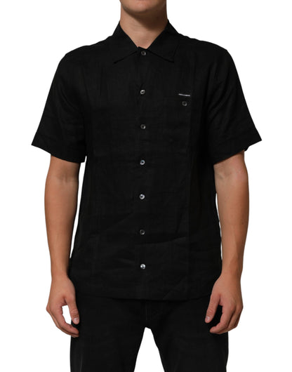 Dolce & Gabbana Black Linen Collared Short Sleeve Polo Shirt