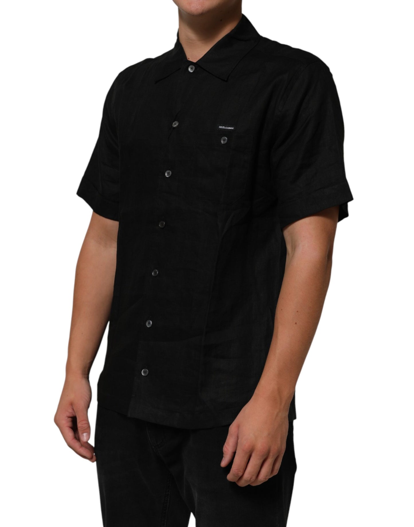 Dolce & Gabbana Black Linen Collared Short Sleeve Polo Shirt