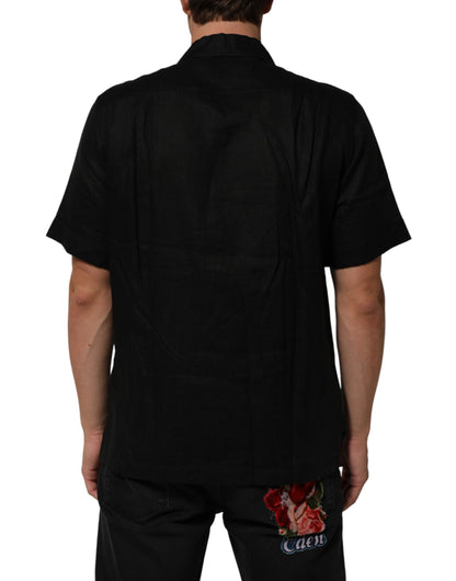 Dolce & Gabbana Black Linen Collared Short Sleeve Polo Shirt