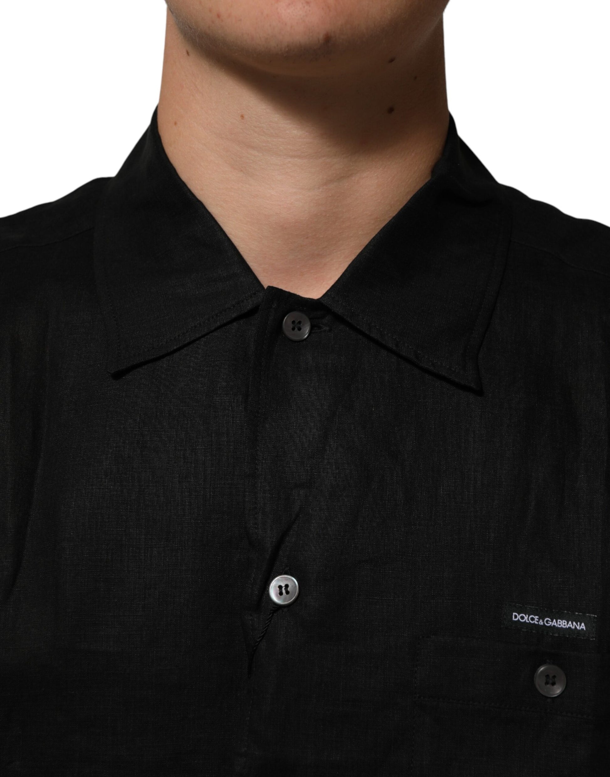 Dolce & Gabbana Black Linen Collared Short Sleeve Polo Shirt