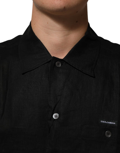 Dolce & Gabbana Black Linen Collared Short Sleeve Polo Shirt