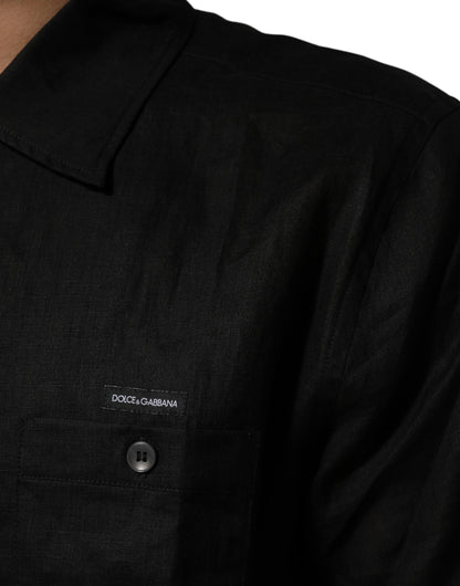 Dolce & Gabbana Black Linen Collared Short Sleeve Polo Shirt