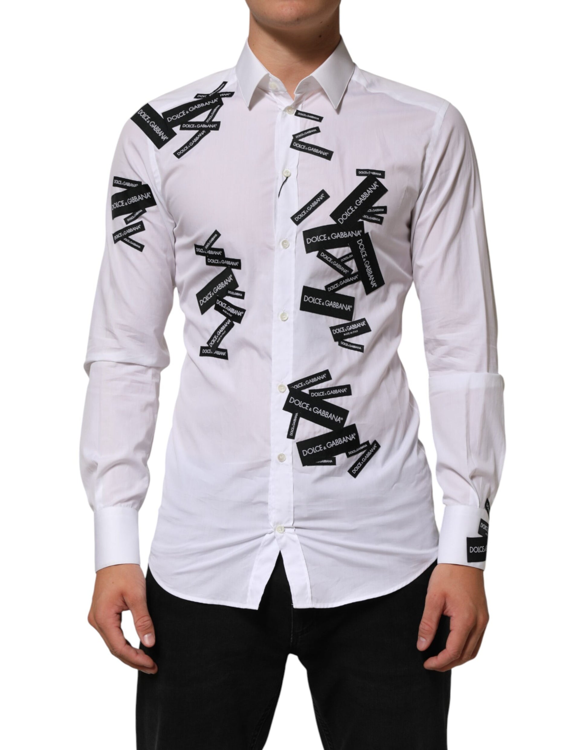 Dolce & Gabbana White Logo Cotton Collared GOLD Dress Shirt