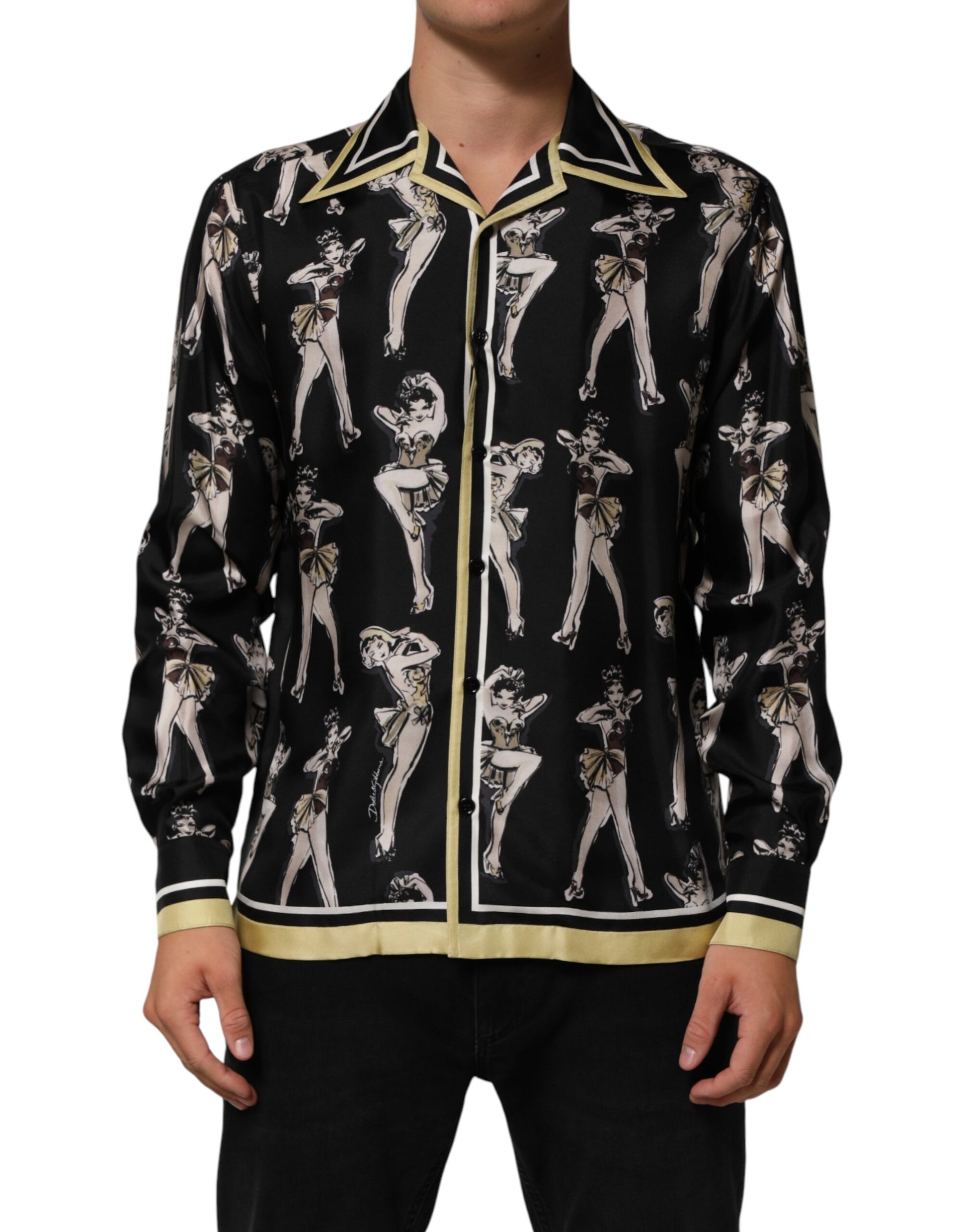 Dolce & Gabbana Black Silk Pin Up Printed Button Down Shirt