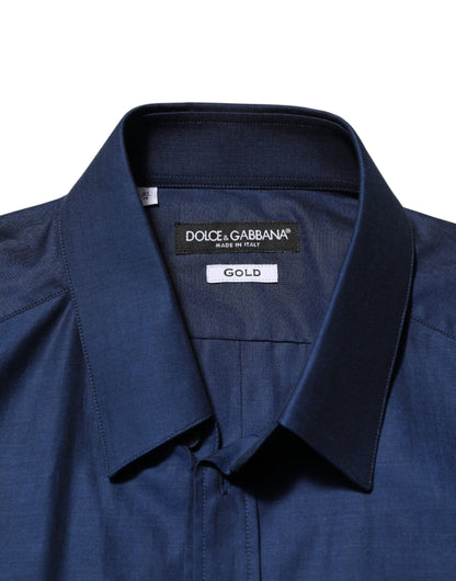 Dolce & Gabbana Blue Cotton Collared GOLD Dress Shirt