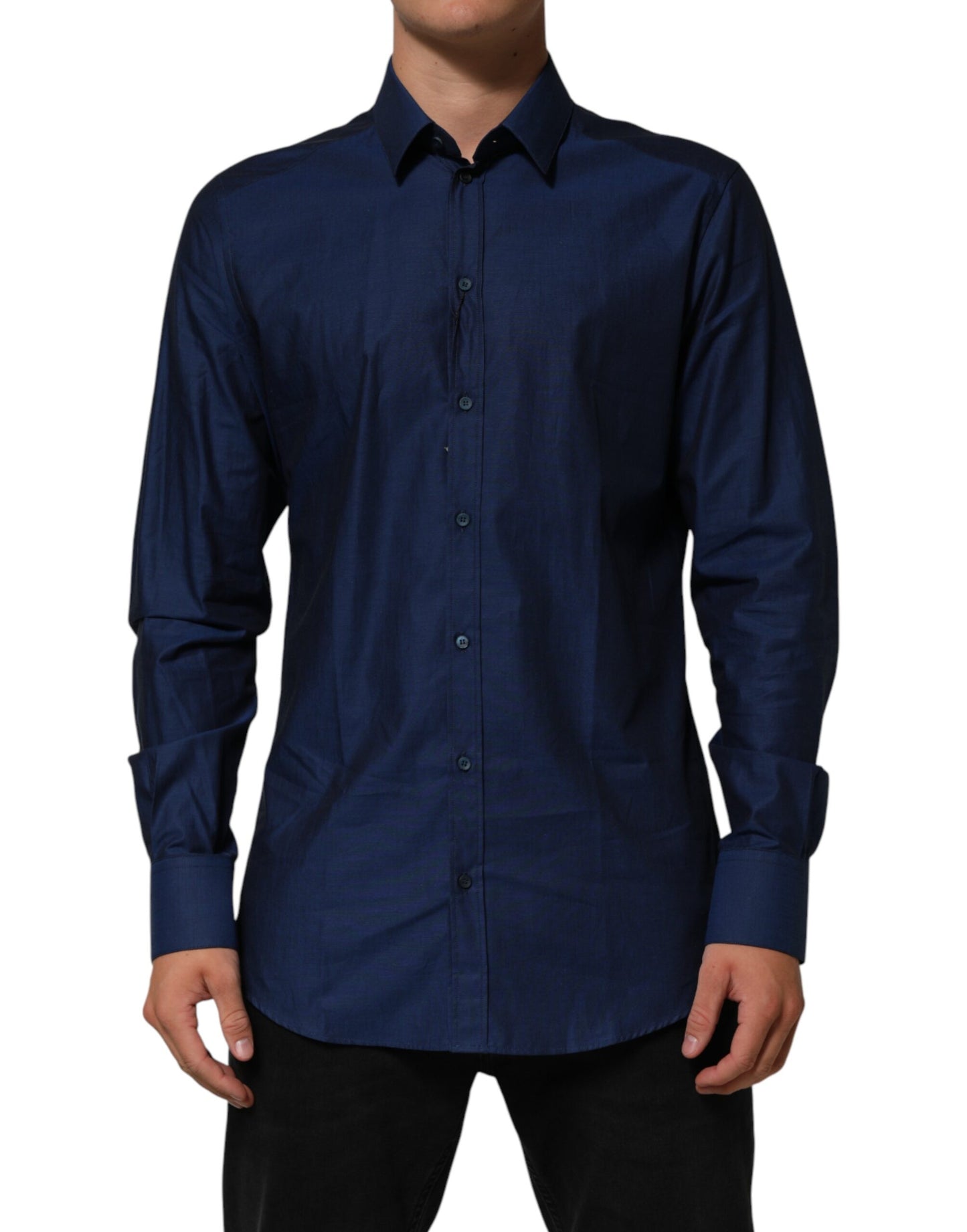 Dolce & Gabbana Blue Cotton Collared GOLD Dress Shirt