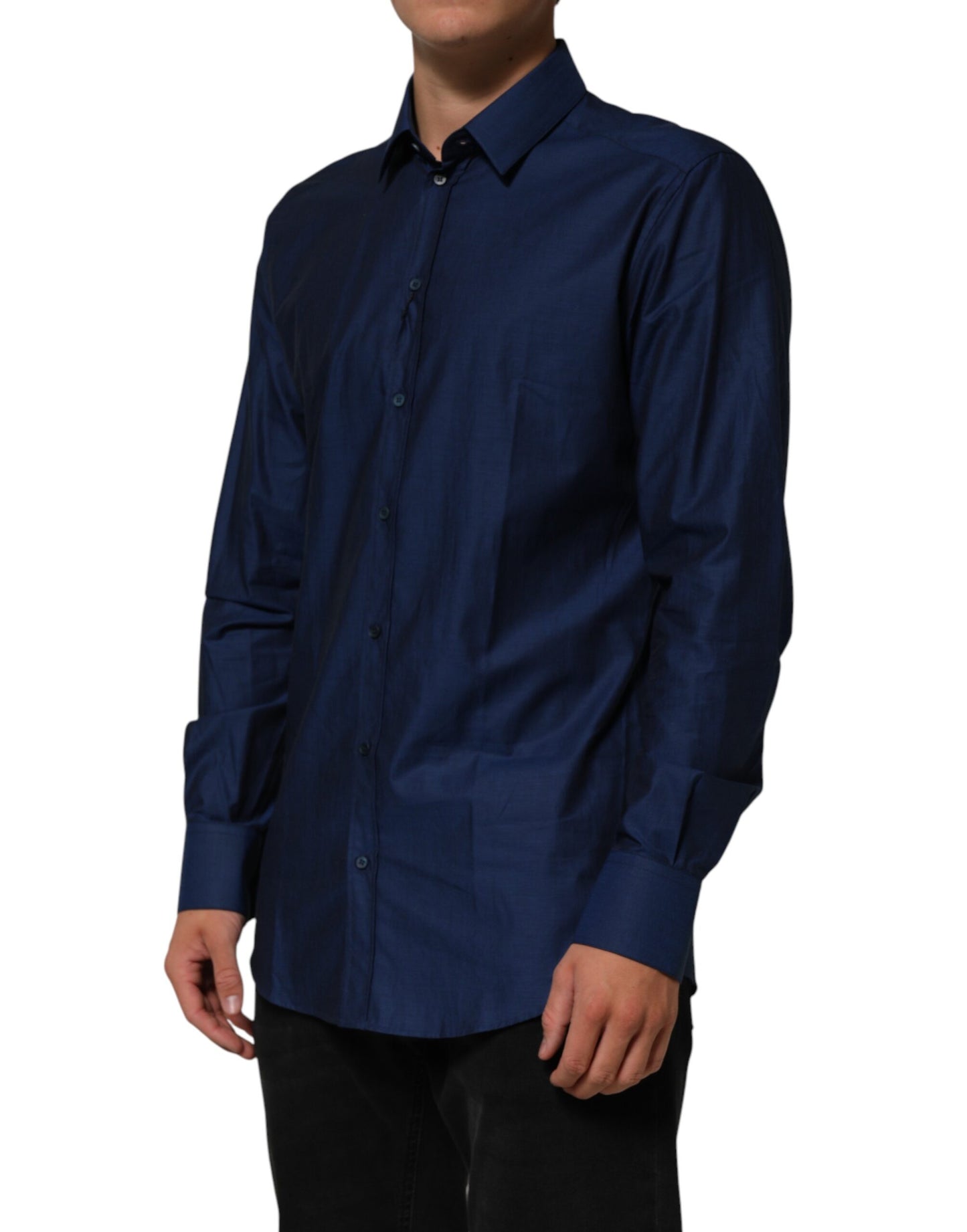 Dolce & Gabbana Blue Cotton Collared GOLD Dress Shirt