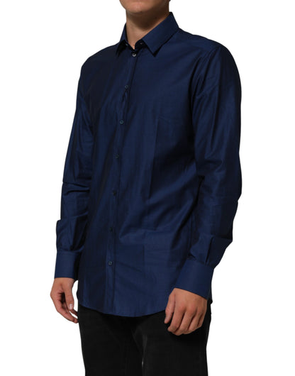 Dolce & Gabbana Blue Cotton Collared GOLD Dress Shirt