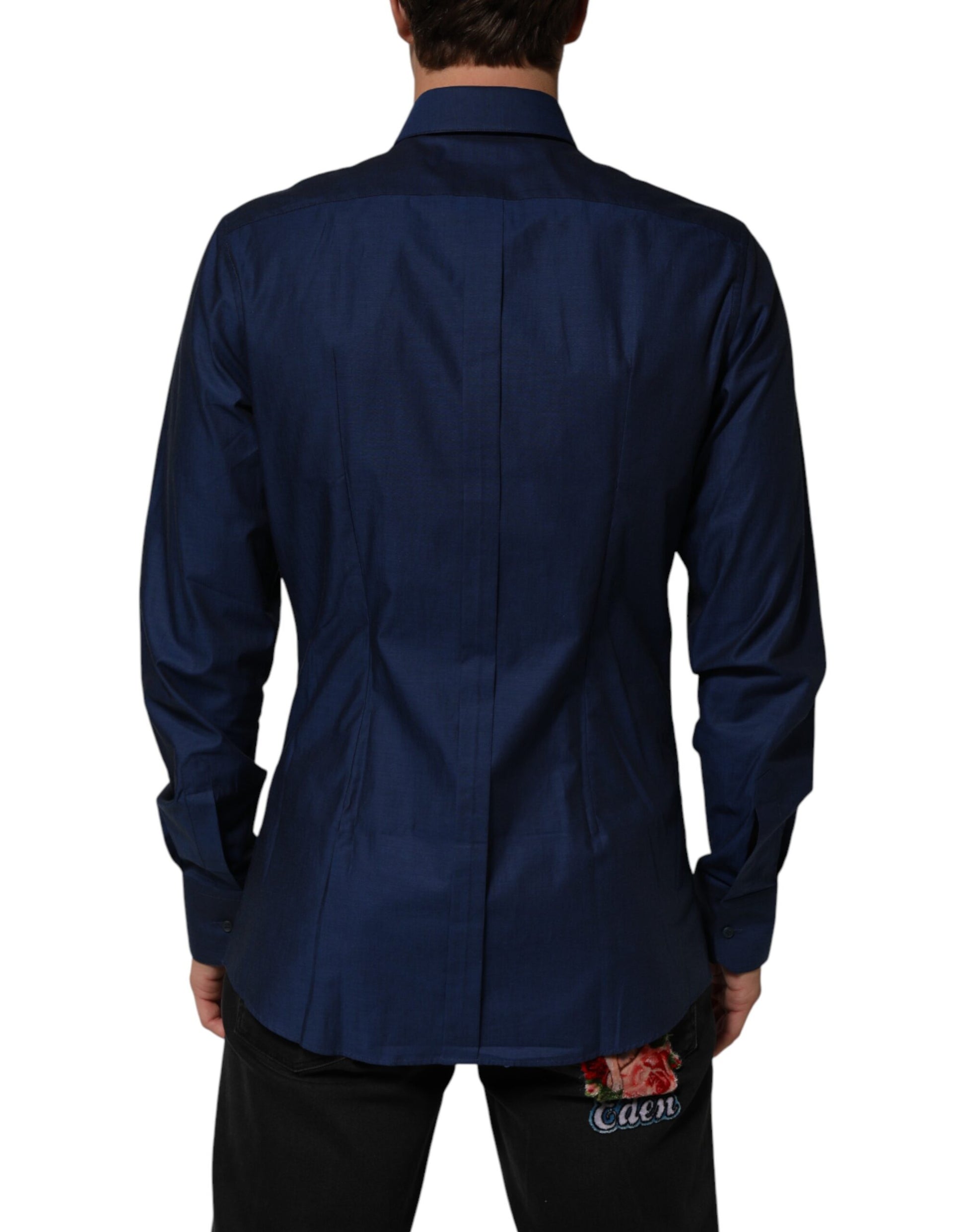 Dolce & Gabbana Blue Cotton Collared GOLD Dress Shirt