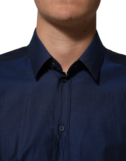 Dolce & Gabbana Blue Cotton Collared GOLD Dress Shirt
