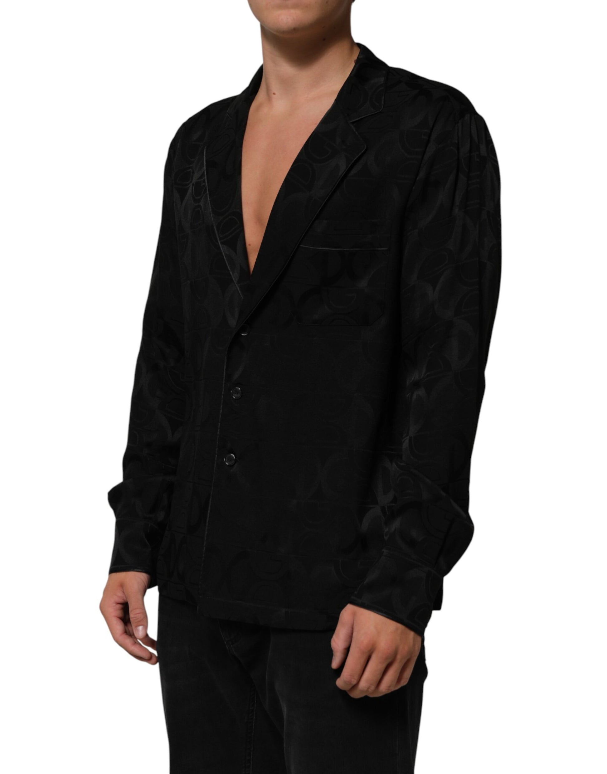 Dolce & Gabbana Black DG Logo Silk Long Sleeves Shirt