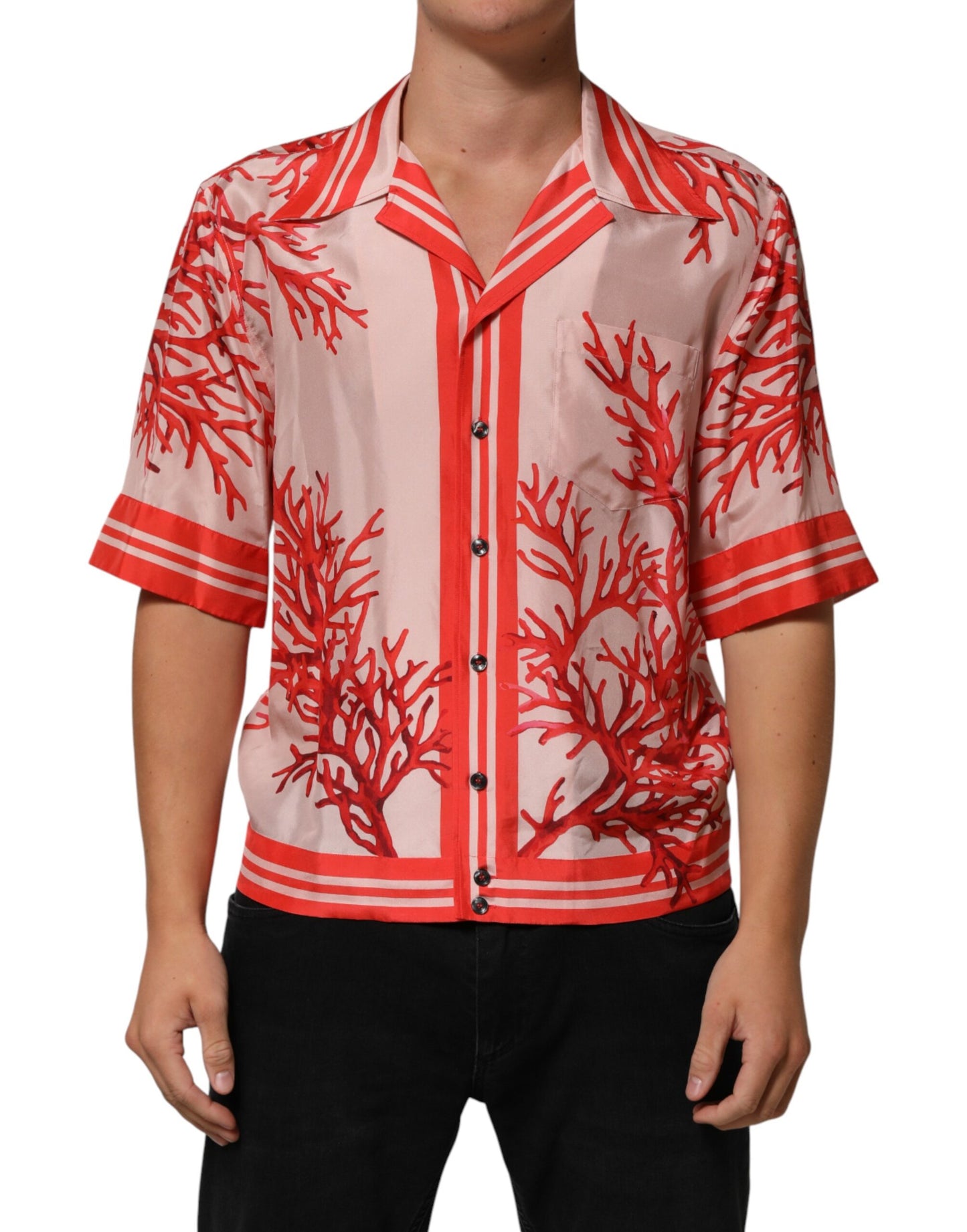 Dolce & Gabbana Red Corals Short Sleeves Button Down Shirt