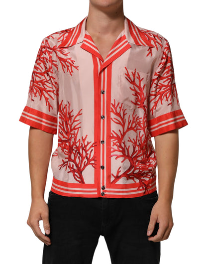 Dolce & Gabbana Red Corals Short Sleeves Button Down Shirt