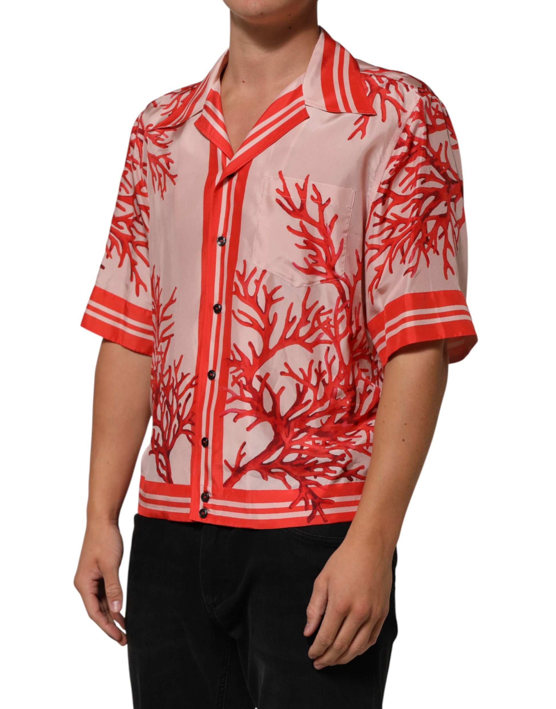 Dolce & Gabbana Red Corals Short Sleeves Button Down Shirt