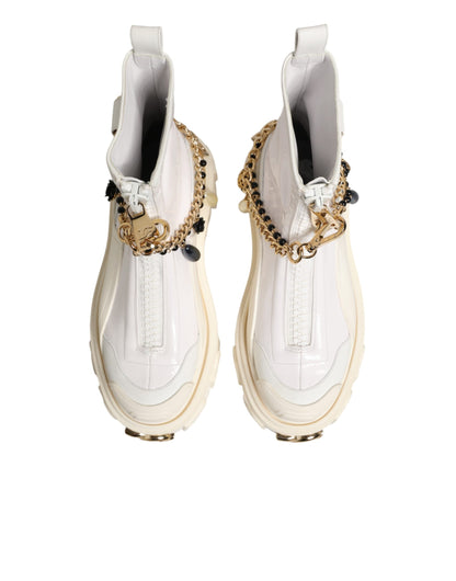 Dolce & Gabbana White Leather Rubber Logo Ankle Boots