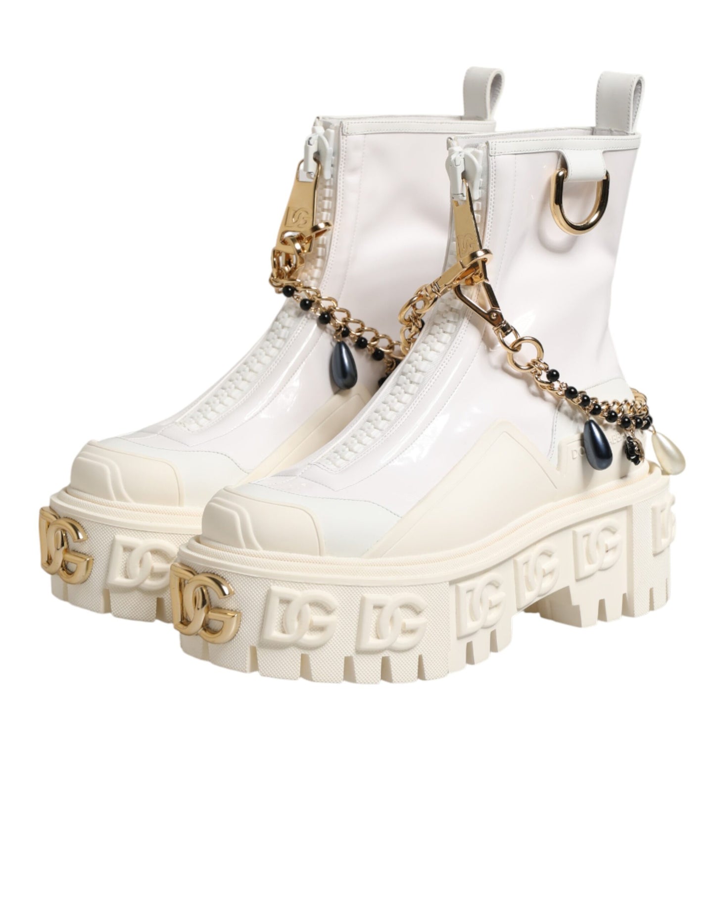 Dolce & Gabbana White Leather Rubber Logo Ankle Boots