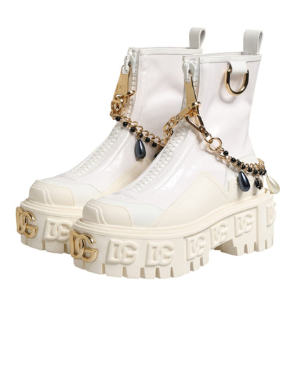 Dolce & Gabbana White Leather Rubber Logo Ankle Boots