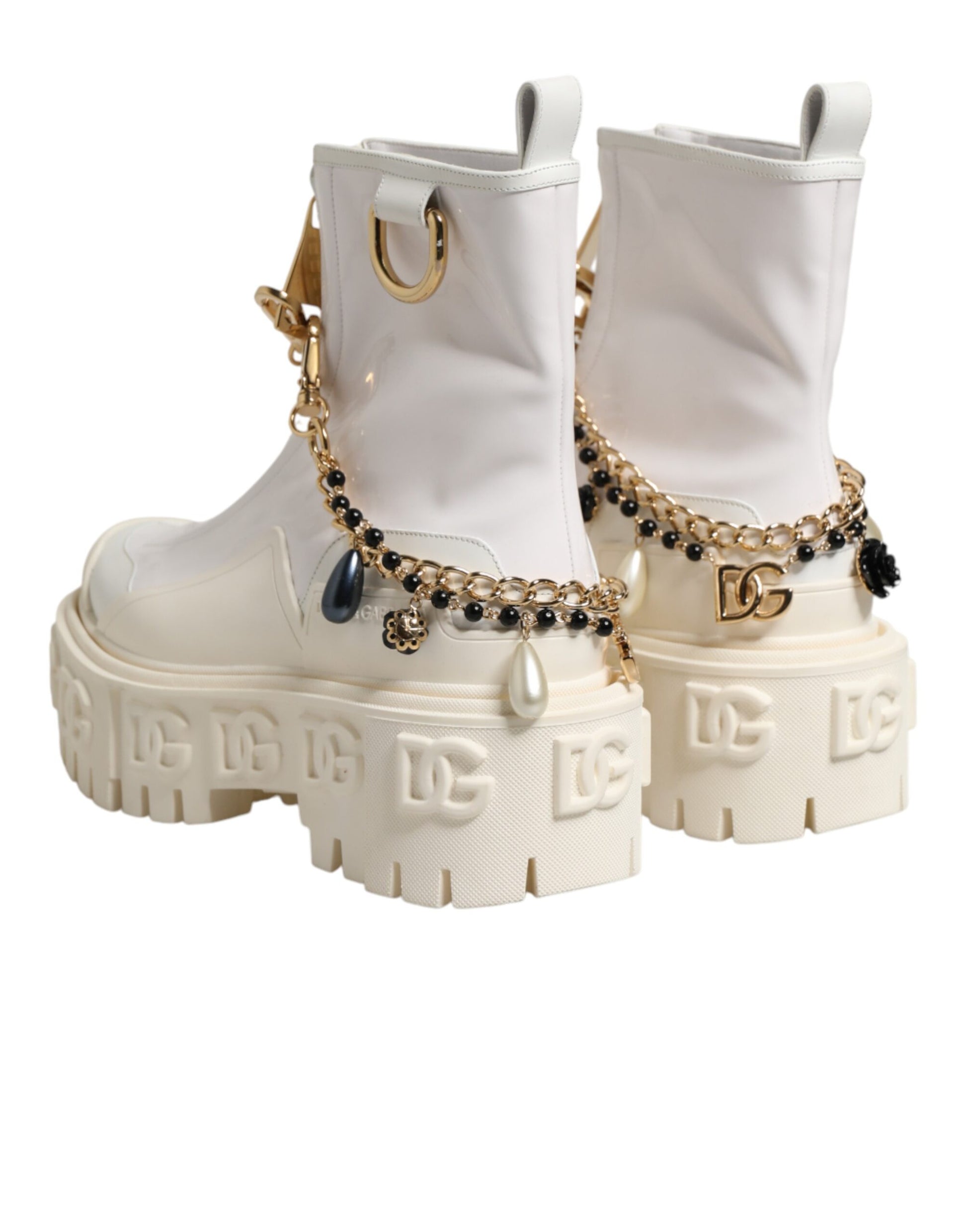 Dolce & Gabbana White Leather Rubber Logo Ankle Boots