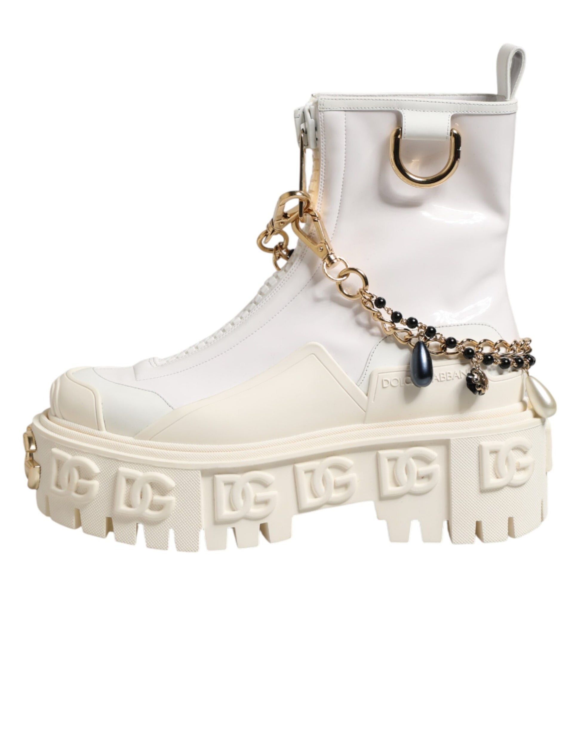Dolce & Gabbana White Leather Rubber Logo Ankle Boots