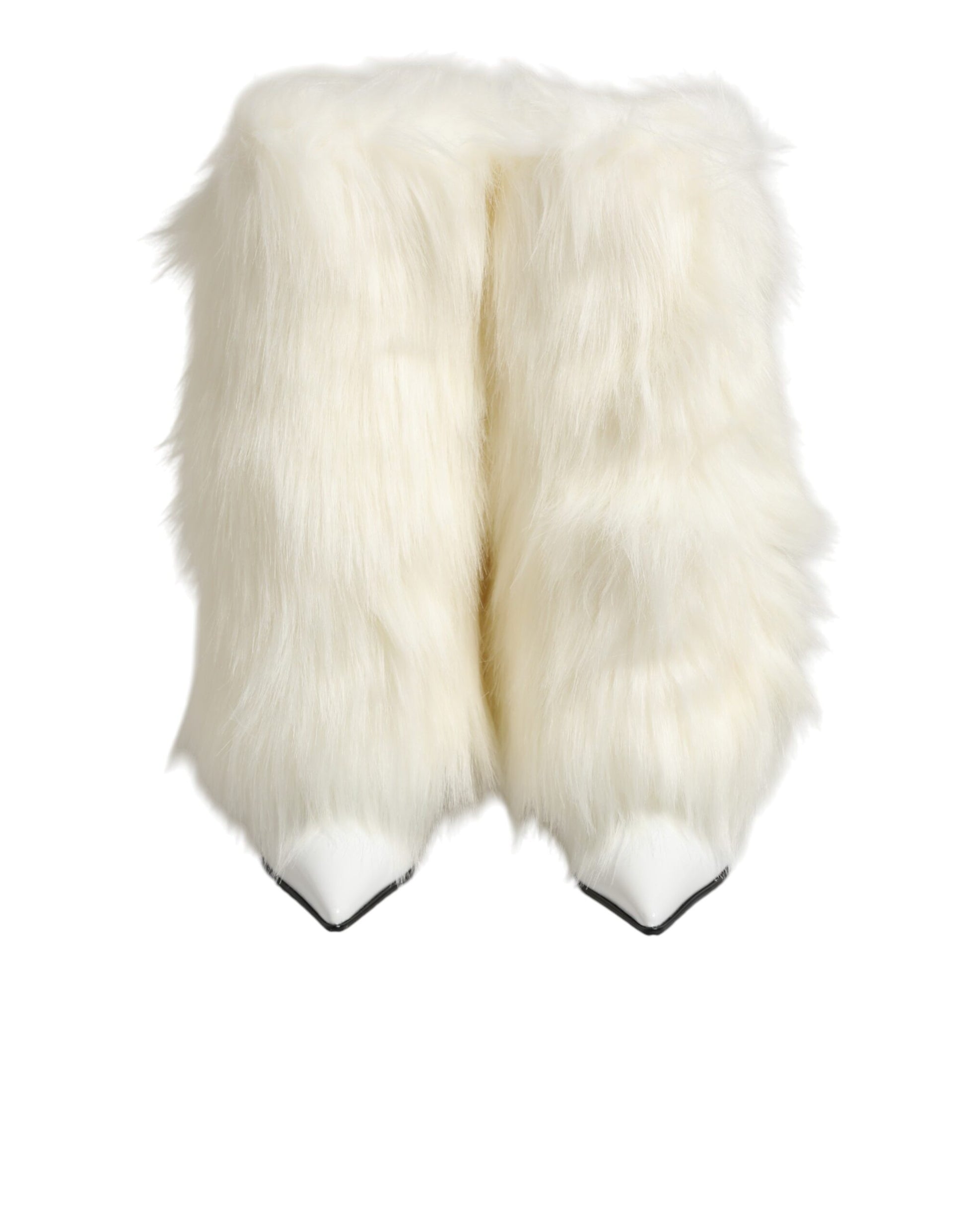 Dolce & Gabbana White Fur Pointed Knee High Stiletto Boots