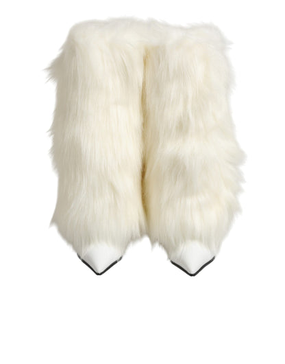 Dolce & Gabbana White Fur Pointed Knee High Stiletto Boots