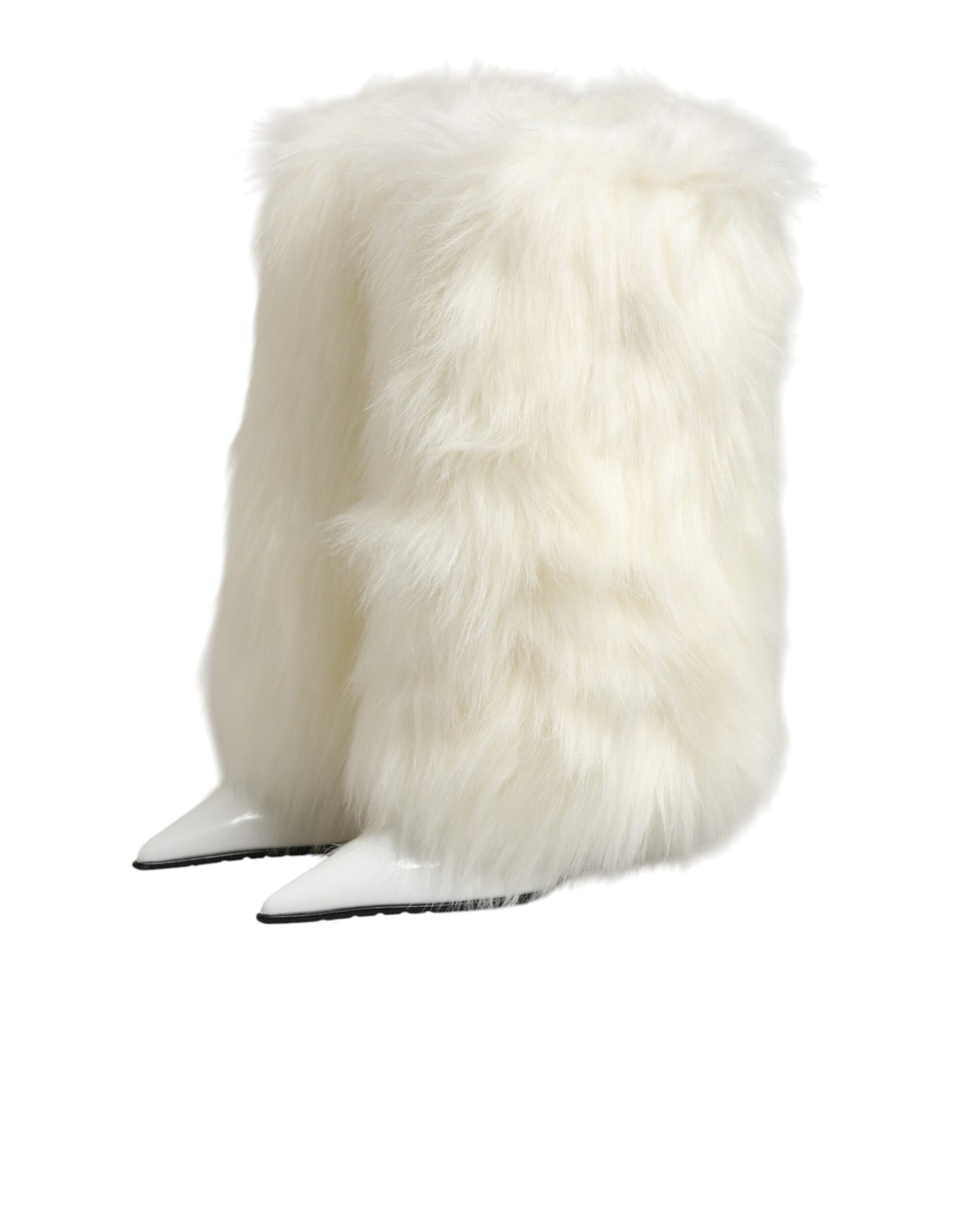 Dolce & Gabbana White Fur Pointed Knee High Stiletto Boots