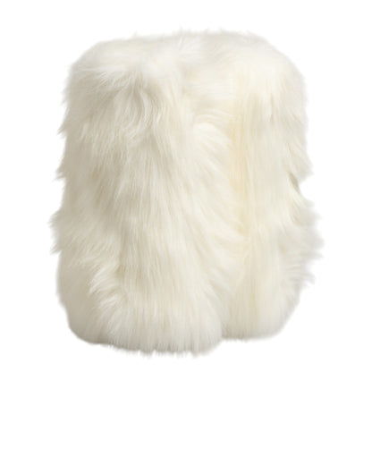 Dolce & Gabbana White Fur Pointed Knee High Stiletto Boots