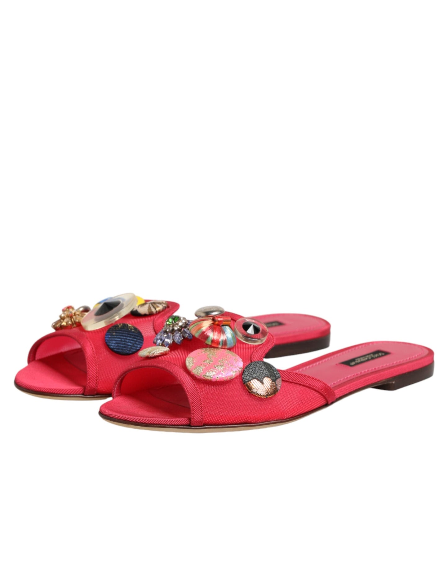Dolce & Gabbana Red Embellished Flats Slip On Sandals Shoes