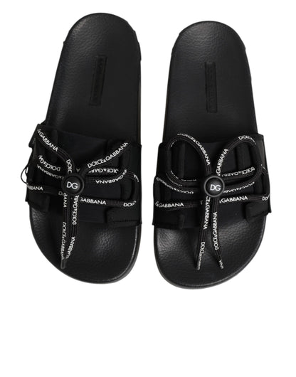 Dolce & Gabbana Black Logo Print Slides Beachwear Shoes